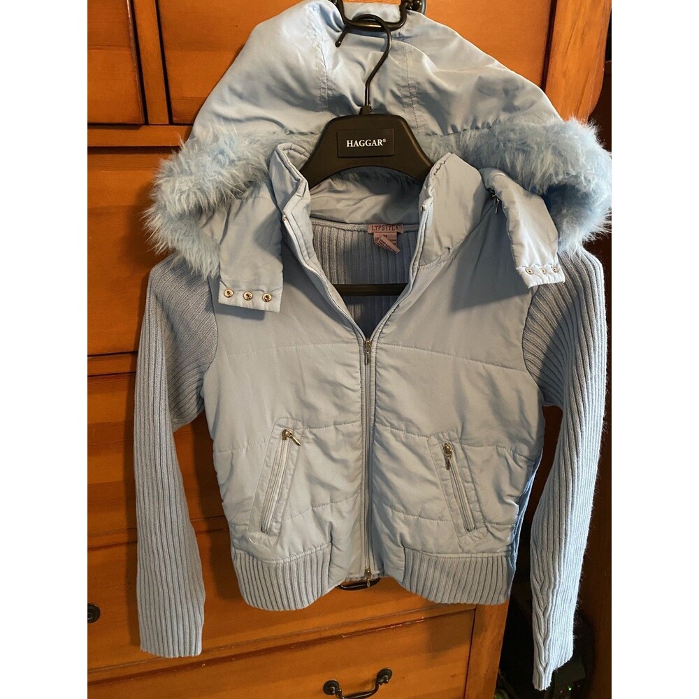 Junior’s Vintage Hooded Sweater Jacket Medium M Lipstick Light Blue Puffer Y2K